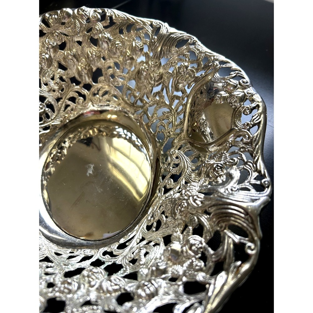 Vintage Godinger Silverplate Pierced Bowl 12" Floral Repousse Roses Heavy